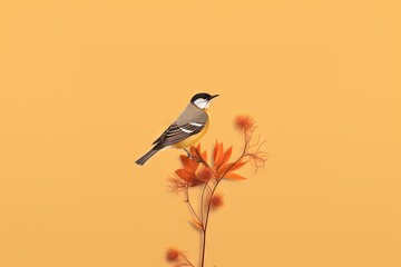 Fototapeta premium Simple and minimalist abstract multi-colored bird on a branch and flowers. Modern wallpaper. Generative AI, AI