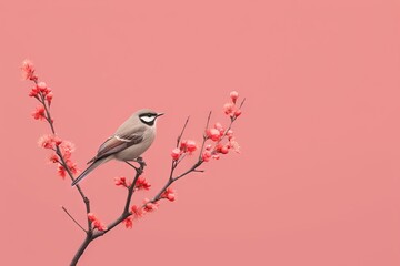 Simple and minimalist abstract multi-colored bird on a branch and flowers. Modern wallpaper. Generative AI, AI