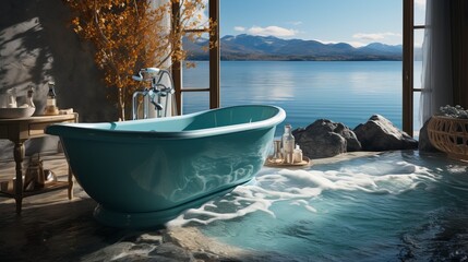 Bathroom overlooking the tropical beach. A bright blue bathtub installed on a floor that imitates the seabed with stones and clear water. Concept: hygiene, relaxation
