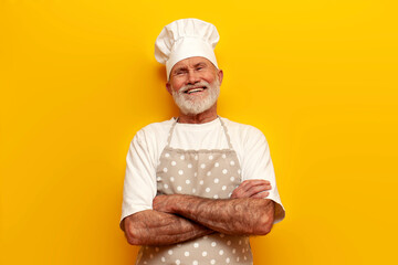old bald grandfather chef in apron and hat smiling with crossed arms on yellow isolated background,...