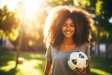 Young afro female soccer player happy and smiling, holding soccer ball in her hands.