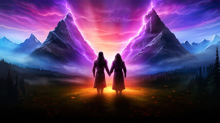 spiritual couple lover soulmate twin flame tantra family valentine love holding hand - by generative ai - obrazy, fototapety, plakaty