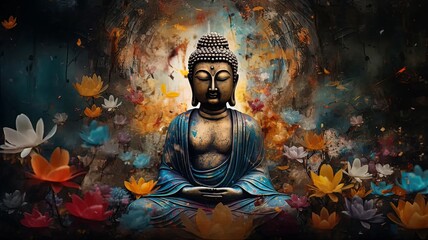 Fototapeta na wymiar abstract, beautiful Magical, Mystical image of a buddha, painted metal, weathered, flowers, birds, beautiful auro of peaceful energy all around , generated by AI