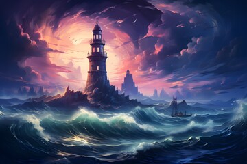 Stormy Seascape: Lighthouse on Rocky Shore Amidst Lightning & Waves - obrazy, fototapety, plakaty