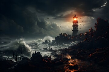 Majestic Lighthouse in Stormy Night: Waves Crashing, Sky Illuminated - obrazy, fototapety, plakaty