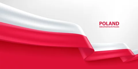 Fotobehang Poland 3D ribbon flag. Bent waving 3D flag in colors of the Poland national flag. National flag background design. © alex83m