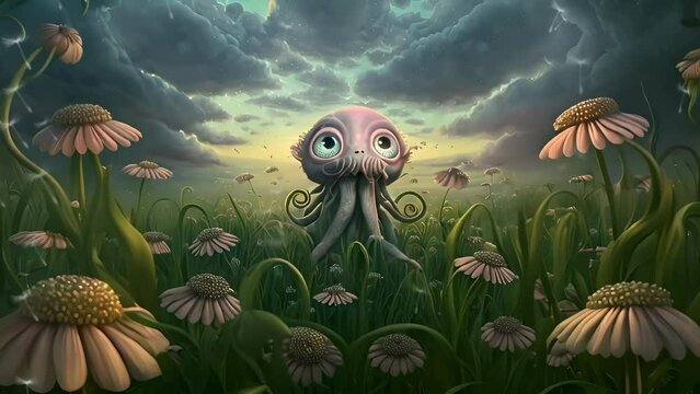 Cute Baby Cthulhu in a Magical Fantasy Wildflower Field with Changing Sunlight and Floating Dandelion Seeds. Looping. Animated Background / Wallpaper. VJ / Vtuber / Streamer Backdrop. Seamless Loop.