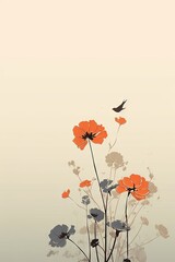 Minimalist and simple abstract multicolored bird on a branch and flowers. Modern wallpaper. Generative AI, AI