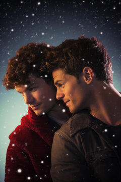 Gay Male Couple Embracing - Christmas Winter Season - Movie Poster Cinematic Style - Hugging From Behind - Boyfriends In Love