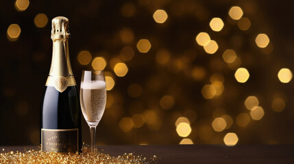 Bottle of champagne and glasses with golden sparkles on bokeh background.