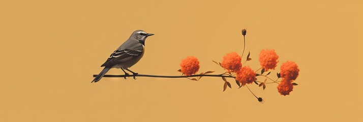 Minimalist and simple abstract multicolored bird on a branch and flowers. Modern wallpaper. Generative AI, AI