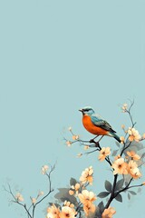 Minimalist and simple abstract multicolored bird on a branch and flowers. Modern wallpaper. Generative AI, AI