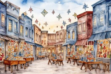Joyful Hanukkah Market: A bustling Hanukkah market in watercolor style, featuring stalls with gifts, dreidels, and festive decorations - obrazy, fototapety, plakaty