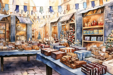 Joyful Hanukkah Market: A bustling Hanukkah market in watercolor style, featuring stalls with gifts, dreidels, and festive decorations