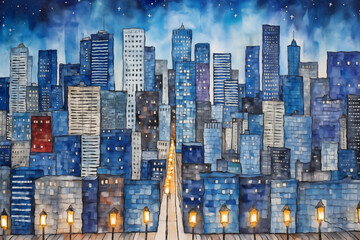 Hanukkah in the City: A cityscape painted in watercolors, with buildings illuminated in blue and white lights to celebrate Hanukkah