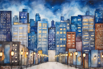 Hanukkah in the City: A cityscape painted in watercolors, with buildings illuminated in blue and white lights to celebrate Hanukkah