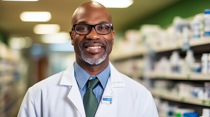 Fototapeta na wymiar Portrait of a cheerful African American pharmacist working at a pharmacy.