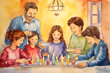 Hanukkah Family Celebration: A heartening watercolor scene portraying a family celebrating Hanukkah with laughter, gifts, and joy