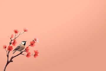 Obraz na płótnie Canvas Minimalist and simple abstract multicolored bird on a branch and flowers. Modern wallpaper. Generative AI, AI
