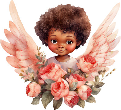 African American angel with wings Baby Angel Valentine love illustration