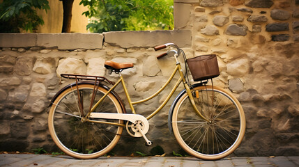 Charming Vintage Bicycle Resting Against an Old Stone Wall, Enhanced with Warm and Muted Tones to Evoke a Nostalgic and Timeless Atmosphere