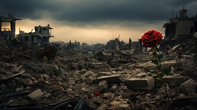 War-torn landscape with remnants of destructiona desolate battlefield under a moody sky. The focus could be on symbols of resilience or hope amidst the devastation flower breaking through the rubble.