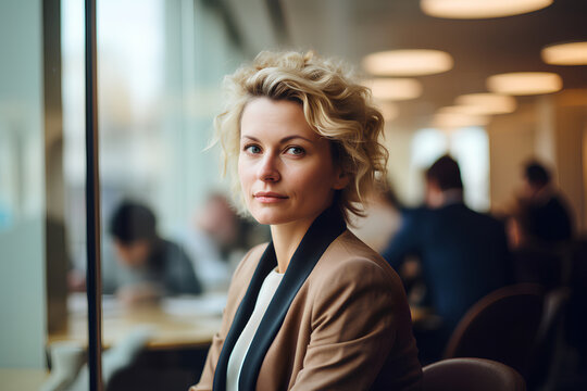 Businesswoman seduta di profilo in un ufficio con giacca