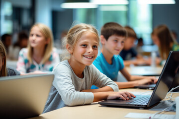Smiling girl with classmates in a bright classroom engaging in a coding camp on laptops