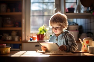 Obraz na płótnie Canvas Toddler concentrating on a tablet in a kitchen with soft morning light streaming through window.
