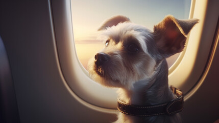 A puppy looks out the window of an airplane. AI Generated