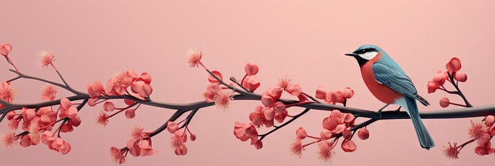 Fototapeta premium Minimalist and simple abstract multicolored bird on a branch and flowers. Modern wallpaper. Generative AI, AI