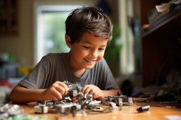 young boy building a robot from a kit at a well-lit table, showcasing creativity and concentration - obrazy, fototapety, plakaty