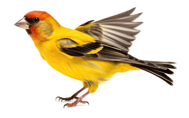 Fototapeta premium Finch Stuffed Bird Fluttering with His Wing in Yellow Color on a Clear Surface or PNG Transparent Background.