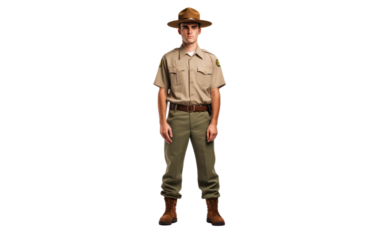 Forest Ranger Man in Uniform Standing in Attention on a Clear Surface or PNG Transparent Background.