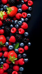 Red fruits. Concept of healthy and nutritious food, and antioxidants. Black background. Space for text.