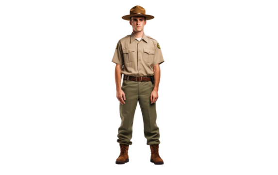 Forest Ranger Man in Uniform Standing in Attention on a Clear Surface or PNG Transparent Background.