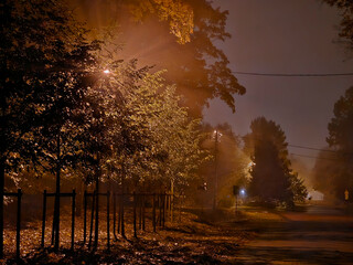 Street near Julianowski Park in Lodz lit with street lamps on a cloudy foggy autumn night, Lodz, Poland.