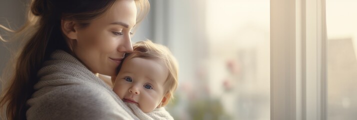 close-up capturing tenderness of mother and her baby at home, with minimalistic white surroundings - obrazy, fototapety, plakaty