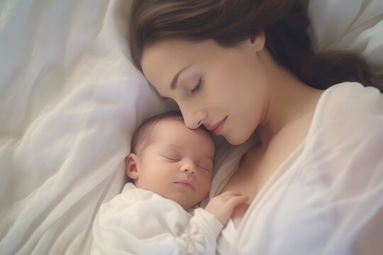 Tender bond: Bright image of a mother's love with her peacefully sleeping infant at home bed