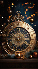 Vintage clock face and christmas decorations. New Year's Eve.