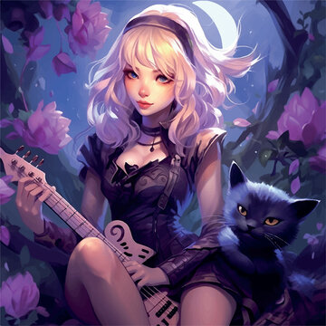 blonde hair rocker girl with black cat, colored comic illustration