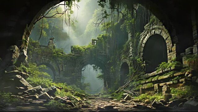 Beautiful Sun Dappled Moss Covered Fantasy Castle Ruins in a Magic Fairy Forest. Arch Bridge Over a Cobblestone Road. Looping. Animated Background. VJ / Vtuber / Streamer Backdrop. Seamless Loop.