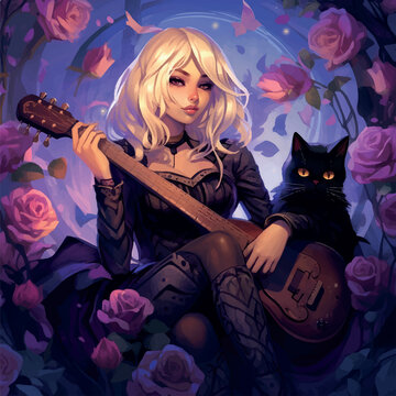 blonde hair rocker girl with black cat, colored comic illustration
