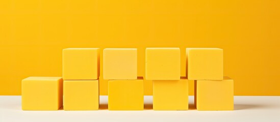Yellow background with concrete cubes representing business strategy and action plan concept providing copy space