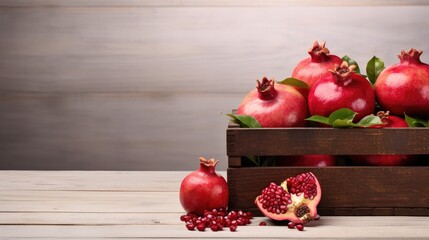 Culinary elegance! pomegranate fruits arranged in a wooden box on a pristine white background