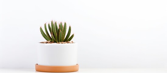Place cactus in white holder with brown strap and white backdrop