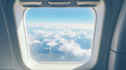 Fototapeta premium Plane windows, airplane portholes, air travel, aircraft cabin interior illuminators with white plastic frames and open blinds. Realistic plane windows in aircraft transportation.