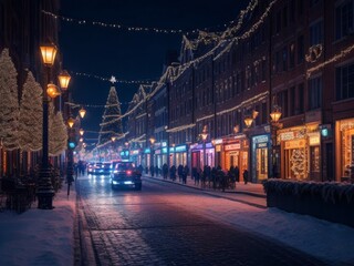 Fototapeta na wymiar urban nights aglow 8k city street adorned with vibrant christmas leds