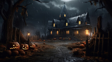 Fototapeta na wymiar Deserted Spooky Horror House in a Dark Autumn Night Illuminated by Moonlight AI generated