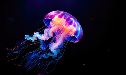 Fototapeta premium Luminous jellyfish gracefully navigate the depths of the blue sea, creating a neon fantasy in the deep waters